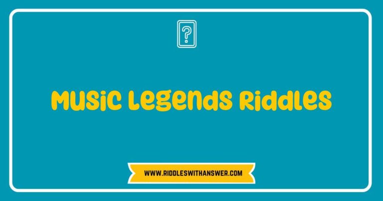 Colorful collage of iconic music legends featuring riddles about famous musicians, including a guitar silhouette and music notes, showcasing engaging brain teasers for music lovers. Discover fun and challenging riddles inspired by legendary artists like Elvis Presley, Bob Marley, and Freddie Mercury in this vibrant image celebrating the world of