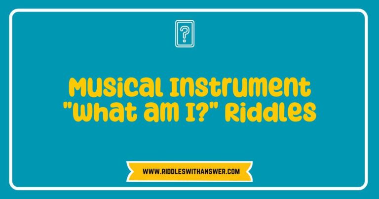 Colorful illustration of various musical instruments featured in 'What am I?' riddles, including a guitar, piano, and trumpet, inviting viewers to guess the instruments through playful clues. Perfect for educators and music enthusiasts looking to engage students with fun riddles about musical instruments.