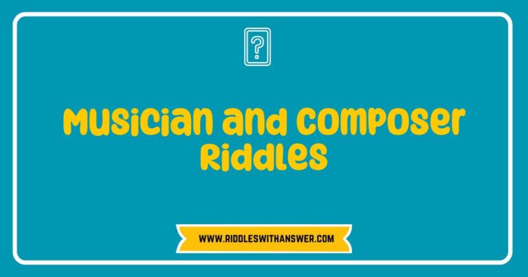 Musician and composer riddles displayed on a chalkboard, featuring clever wordplay and musical terminology, such as 'What instrument can you hear but never see?' and 'I have keys but open no locks, what am I?' Perfect for music enthusiasts and aspiring composers looking to challenge their creativity with