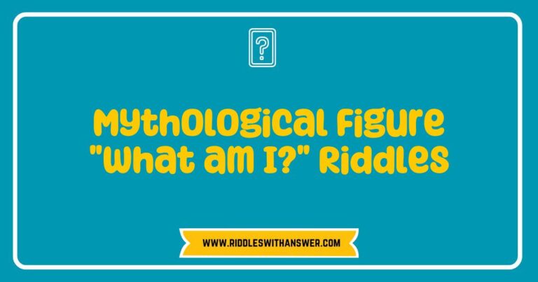 Colorful illustration of a mythological figure surrounded by intriguing 'What am I?' riddles, featuring ancient symbols and text elements. The image showcases a riddle about a creature with wings, often associated with wisdom and mystery, inviting viewers to engage with the playful challenge of identifying mythological beings through
