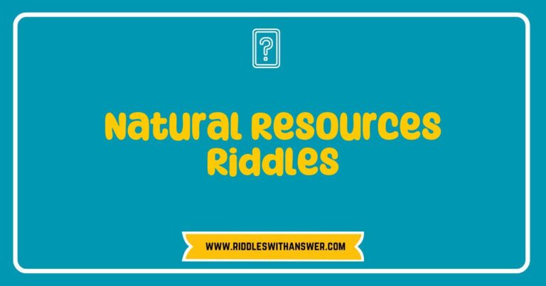 Colorful illustration of a 'Natural Resources Riddles' game, featuring playful riddles about water, trees, minerals, and energy sources. The image shows a group of children engaged in solving fun riddles about renewable and non-renewable resources, highlighting the importance of conservation and environmental awareness