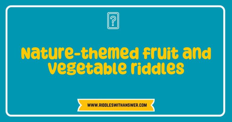 Colorful assortment of fruits and vegetables with nature-themed riddles, featuring a bright red tomato asking 'What has seeds on the outside?' and a leafy green lettuce posing 'What is always cold but never freezes?' This engaging image combines the joy of nature and healthy eating, perfect for kids and families