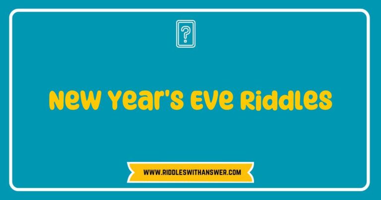 Collection of New Year's Eve riddles displayed on colorful party-themed cards, featuring fun questions like 'What can you catch but not throw?' and 'I’m tall when I’m young, and I’m short when I’m old, what am I?' Perfect for adding laughter and entertainment to your New