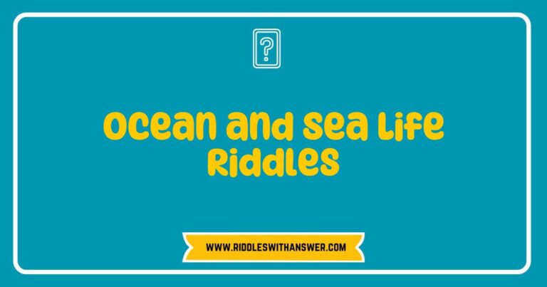 Colorful illustration of ocean and sea life riddles featuring various marine creatures like dolphins, starfish, and coral reefs, showcasing playful questions such as 'What has a heart that doesn’t beat?' and 'I swim in the sea, but I'm not a fish. What am I?' Ideal for