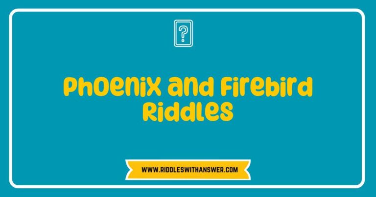 Intriguing illustration of a Phoenix and Firebird, surrounded by flames, symbolizing rebirth and transformation. The image features a riddle about the legendary creatures: 'What rises from ashes, vibrant and bold, a tale of fire and lore, forever told?' Perfect for exploring Phoenix and Fire