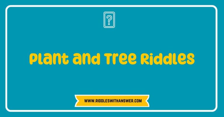 Colorful illustration of various plants and trees with playful riddles about nature, featuring phrases like 'What has roots as nobody sees?' and 'I'm tall when I'm young, and I'm short when I'm old.' This engaging image showcases the theme of 'Plant and Tree Riddles,' inviting viewers to