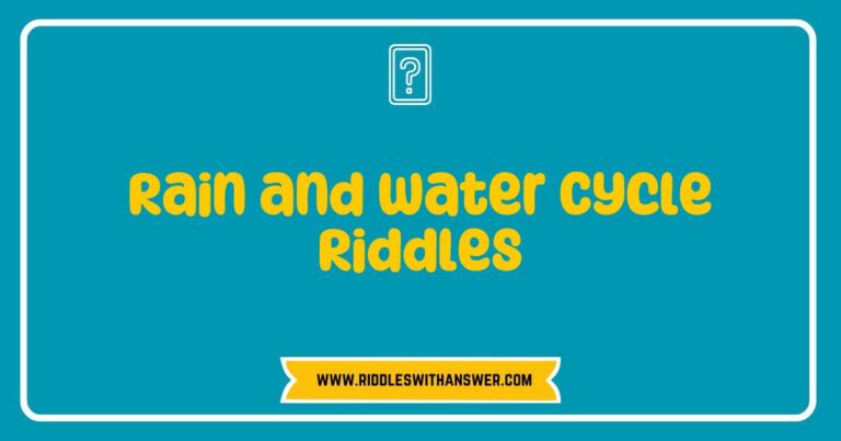 Colorful illustration of a rain and water cycle scene featuring whimsical characters solving fun riddles about evaporation, condensation, and precipitation. The image highlights engaging water cycle concepts with playful clouds, raindrops, and sun elements, making learning about rain and water cycle riddles enjoyable for children.
