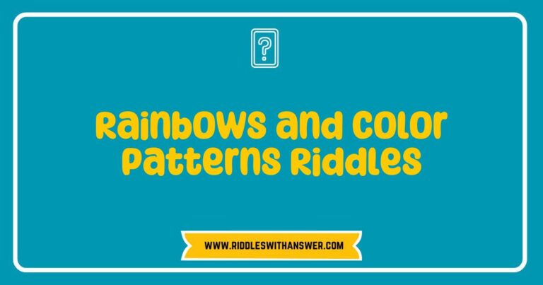 Vibrant image showcasing a colorful rainbow arching over a whimsical landscape, accompanied by playful color patterns and intriguing riddles about rainbows. The scene features various color combinations and shapes, inviting viewers to solve riddles like 'What appears after rain and brings colors to the sky?' and 'What