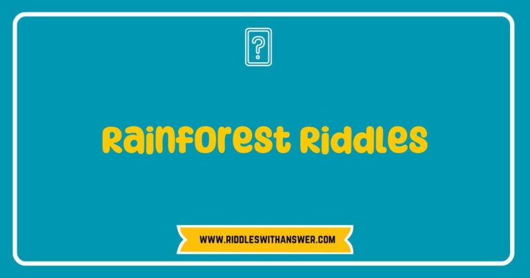 Colorful illustration of 'Rainforest Riddles' featuring various jungle animals and vibrant plant life, showcasing a playful monkey asking riddles about rainforest creatures and their habitats, with text bubbles highlighting fun facts about biodiversity, ecology, and the importance of rainforests.