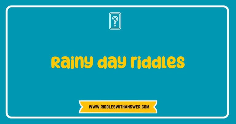 Colorful illustration of a cozy indoor scene on a rainy day featuring a person reading a book filled with rainy day riddles. The image captures raindrops on the window, a steaming cup of tea, and playful riddle prompts like 'What has keys but can't open locks?' and 'I