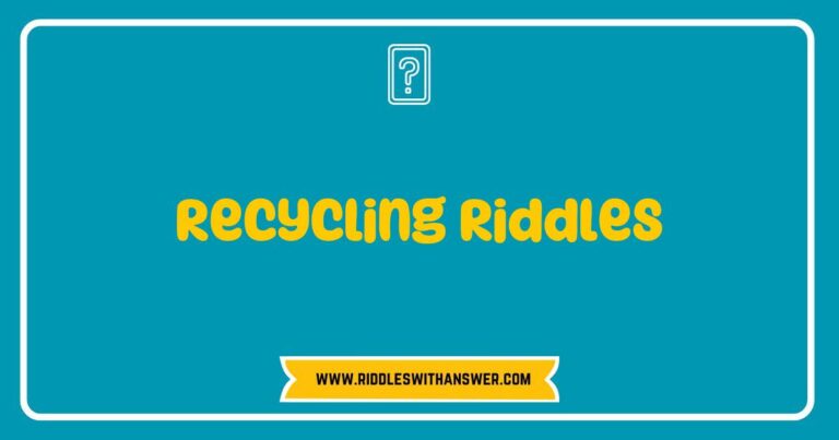Colorful illustration of a recycling-themed riddle book, featuring playful recycling riddles such as 'What can you make from paper and glue that helps the planet stay new?' and 'I’m a bottle, I’m a can, what am I? I help the earth, that’s my plan