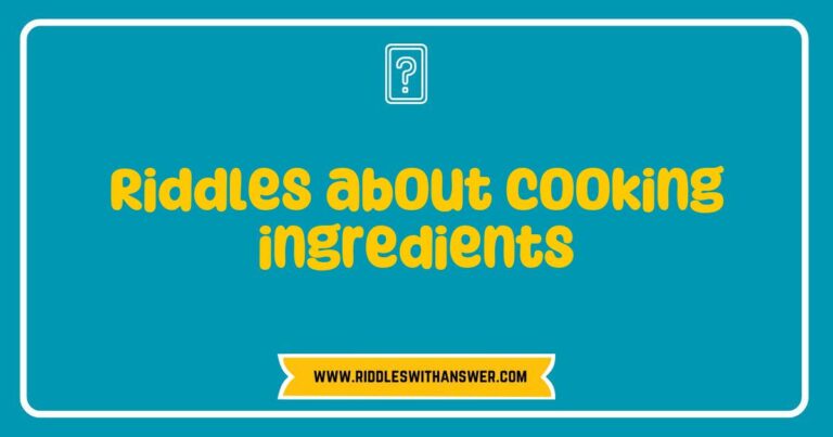 Creative image featuring a collection of riddles about cooking ingredients, including colorful vegetables, spices, and herbs. The visual showcases playful riddles like 'What has layers, but isn't a cake?' (answer: onion) and 'I add flavor, but I'm not a meal; I'm ground, but