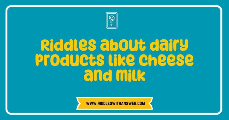 Creative riddles about dairy products, featuring playful illustrations of cheese, milk, and yogurt. The image showcases a whimsical scene with a smiling cheese wedge asking, 'What type of cheese is made backward?' alongside a glass of milk with the riddle, 'What do you call a cow that can