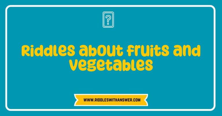 Colorful collection of fruits and vegetables with playful riddles, featuring a vibrant apple asking 'What has seeds but isn’t a fruit?' and a curious carrot posing the question 'What’s orange and sounds like a parrot?'. This whimsical image showcases various produce alongside engaging riddles, perfect for