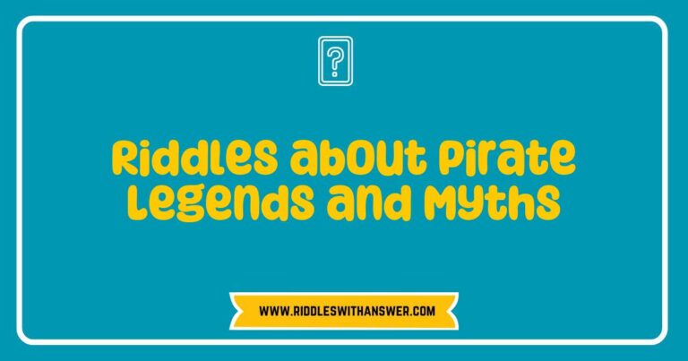 An intriguing illustration depicting a treasure map and pirate symbols, accompanied by riddles about pirate legends and myths. The image features phrases like 'What has a heart that doesn’t beat?' hinting at the lore of ghost ships, and 'I can be cracked, made, told, and played—