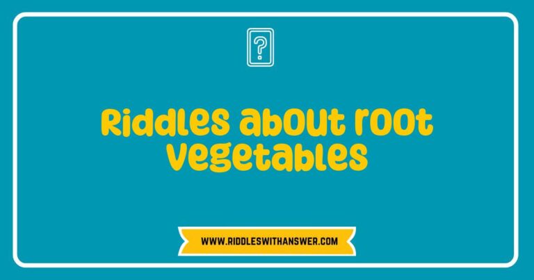 Colorful assortment of root vegetables, including carrots, beets, and turnips, with a chalkboard displaying fun riddles about root vegetables. The image highlights playful riddles like 'I’m orange and crunchy, rabbits love me, what am I?' and 'I’m round and red,