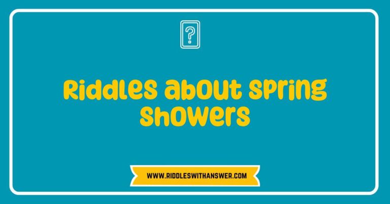 Colorful illustration of a rainy spring scene featuring playful characters pondering riddles about spring showers, with text bubbles displaying clever riddles like 'What falls but never gets hurt?' and 'I bring life to flowers, what am I?' emphasizing the joy and creativity of springtime riddles.