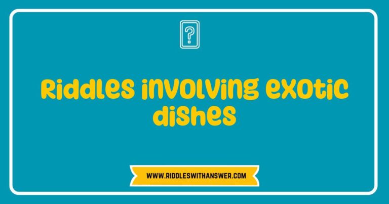 Colorful illustration of exotic dishes with riddles written beside them, featuring a vibrant curry, intricate sushi rolls, and spicy paella. The image showcases the creativity of riddles involving exotic dishes, encouraging viewers to guess the ingredients and flavors of each culinary delight while exploring unique global cuisines.