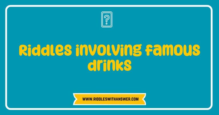 Colorful illustration of a riddle sheet featuring famous drinks, including a coffee riddle that asks, 'What has grounds but no soil?' and a cocktail riddle that hints, 'I can be shaken or stirred, but I’m not a dance move. What am I?' This engaging image