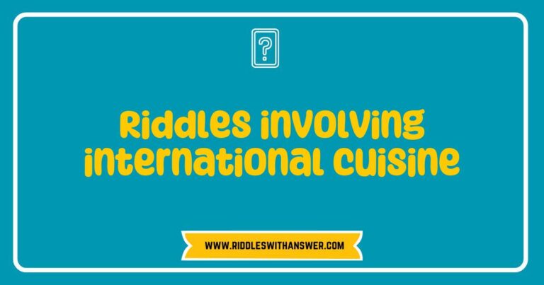 Colorful image of a diverse platter featuring international cuisine, with dishes like sushi, tacos, and pasta, alongside a thought bubble illustrating a riddle: 'What has layers but is not an onion, and is loved in Italy?' Answer: Lasagna. This image captures the essence of riddles