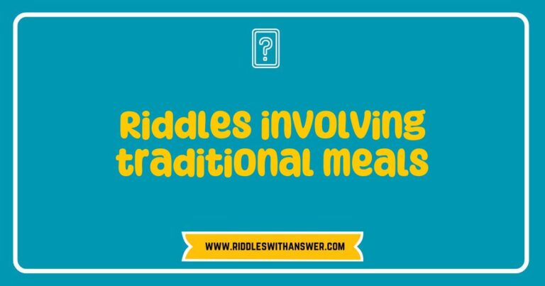 Colorful illustration of traditional meals with text overlay of fun riddles involving dishes like 'What has layers but isn't an onion?' referring to lasagna, and 'I am a dish served on a plate, often filled with meat and spices, what am I?' hinting at a savory pie.