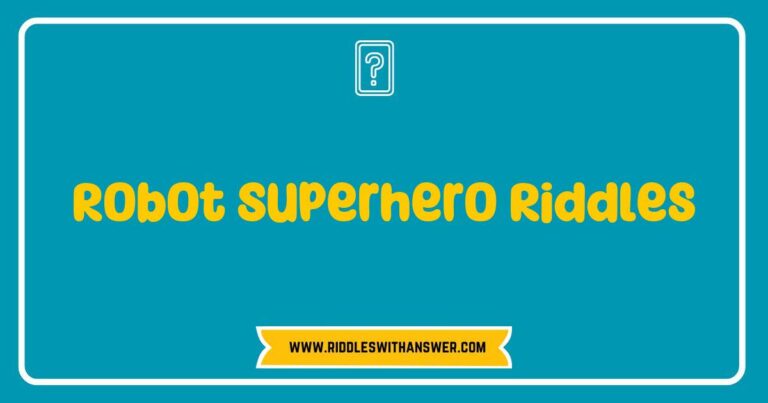 Colorful illustration of a Robot Superhero solving riddles, showcasing a futuristic city backdrop. The image features the Robot Superhero holding a riddle scroll with playful text that reads, 'What has keys but can't open locks? A robot's brain!' Perfect for kids' educational content and fun activities