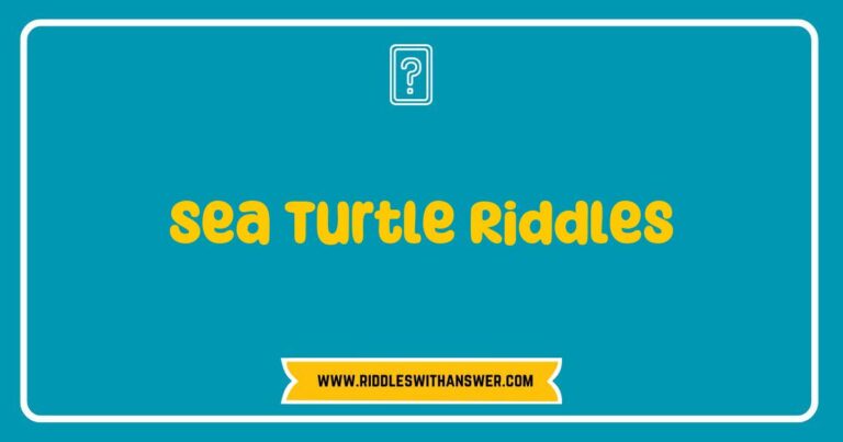 Colorful illustration of a sea turtle surrounded by ocean waves, featuring playful sea turtle riddles like 'What swims slowly and has a shell, loves the ocean, and knows it well?' Perfect for kids and marine life enthusiasts, this image captures the fun of learning with sea turtle-themed riddles.