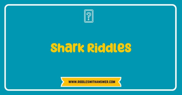 Colorful illustration of a shark surrounded by playful text bubbles featuring fun shark riddles for kids, showcasing engaging questions like 'What kind of shark loves to play hide and seek?' and 'Why do sharks always know how much they weigh?' Perfect for educational materials and children's activities focused on marine life and