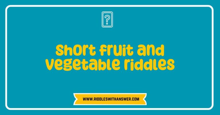Colorful collage of short fruit and vegetable riddles featuring playful illustrations of carrots, apples, and broccoli. The image showcases fun and engaging riddles like 'What has seeds but isn’t a fruit?' and 'I’m orange and crunchy, what am I?' Perfect for kids and educational activities,