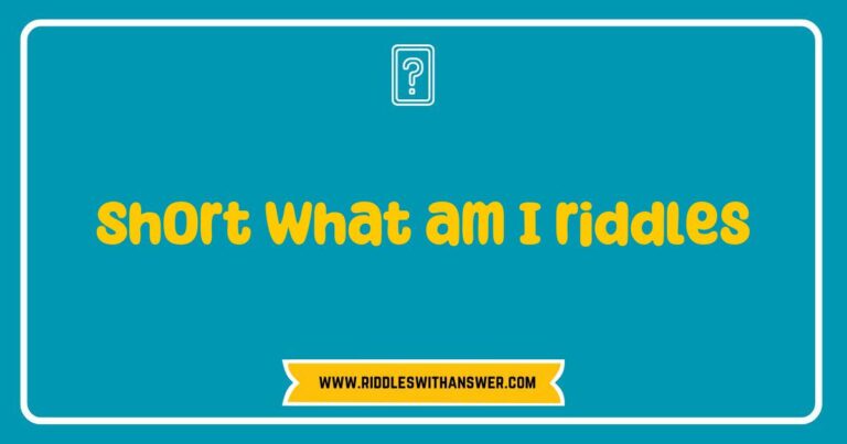 Image featuring a collection of short 'what am I' riddles, showcasing colorful graphics and playful fonts. The riddles include engaging examples like 'I speak without a mouth and hear without ears. What am I?' and 'I have keys but open no locks. What am I?' Perfect for