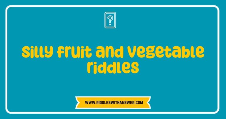 Colorful illustration of silly fruit and vegetable riddles featuring a laughing carrot, a smiling banana, and a playful tomato, with text bubbles showcasing fun riddles like 'What fruit is always sad? A blueberry!' and 'What vegetable is cool and loves to chill? A rad-ish!' Perfect for
