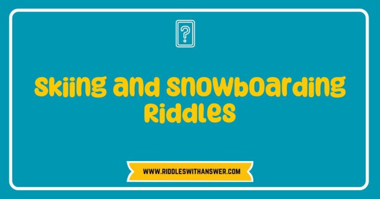 Colorful illustration of a snowy mountain landscape featuring skiers and snowboarders, accompanied by playful skiing and snowboarding riddles like 'What do you call a snowman on a roller coaster? A slushie!' and 'Why did the snowboarder bring a ladder? To reach new heights!'