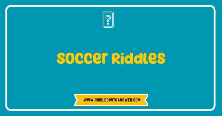 Colorful illustration featuring a soccer ball surrounded by playful text bubbles with fun soccer riddles. The riddles include phrases like 'What has a net but no fish?' and 'What player never gets tired?'. This engaging image captures the essence of soccer-themed brain teasers, perfect for fans looking