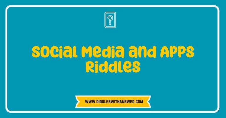 Colorful collage of social media icons and smartphone apps featuring playful riddles about popular platforms like Instagram, Facebook, and Twitter. The image showcases engaging puzzle graphics that highlight the fun of solving social media-themed riddles and brain teasers, appealing to fans of digital culture and mobile applications.