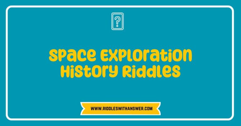 An engaging illustration depicting 'Space Exploration History Riddles' with thought-provoking questions like 'What was the first spacecraft to land on the Moon?' and 'Which planet is known for its rings?' The image features iconic elements of space exploration such as rockets, astronauts, and celestial bodies, inviting viewers