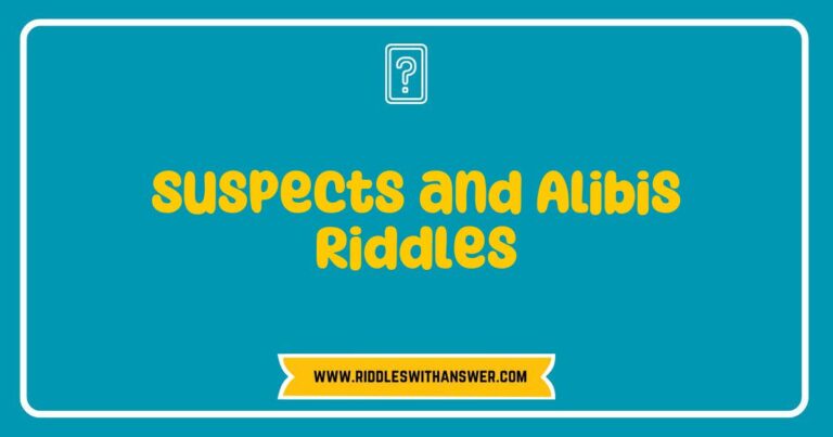 Illustration of a detective solving 'Suspects and Alibis Riddles' featuring a mysterious crime scene, with intriguing clues and suspects depicted. The image captures the essence of engaging brain teasers that challenge problem-solving skills, showcasing a notepad with riddles about alibis and potential