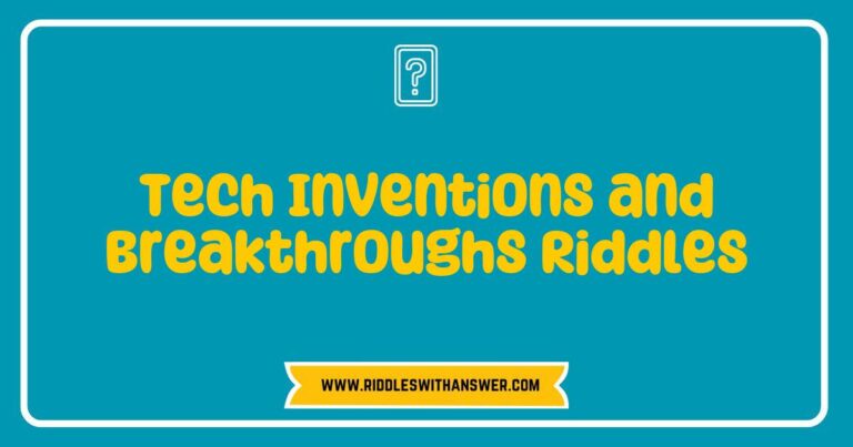 Colorful illustration of a tech-themed riddle book featuring creative riddles about innovative inventions and groundbreaking breakthroughs in technology. The image showcases a light bulb symbolizing ideas, gears representing engineering, and a computer hinting at digital advancements. Engaging riddles explore the impact of tech inventions like smartphones and