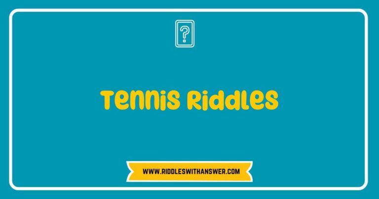 An engaging illustration of a tennis player pondering over a collection of fun tennis riddles, featuring a tennis racket and ball. The image showcases a vibrant tennis court background, highlighting popular tennis-related riddles such as 'What do you call a tennis player who never gets a second serve? A fault!'