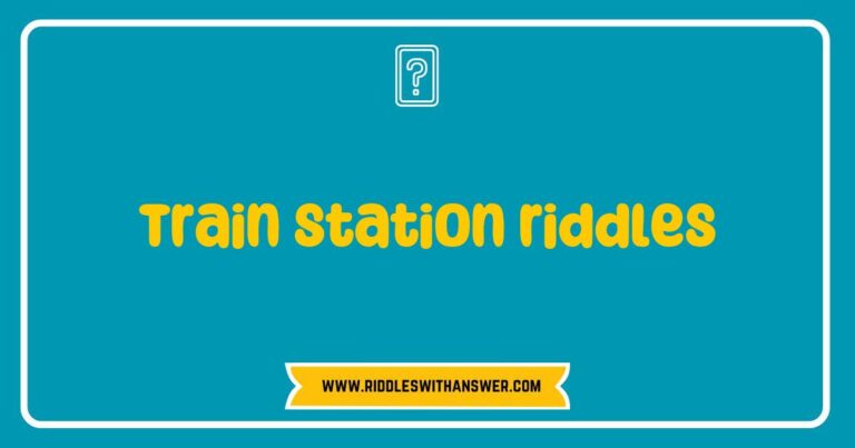 Colorful illustration of a bustling train station with passengers pondering train station riddles, featuring thought bubbles with popular riddles like 'What has tracks but can't walk?' and 'I go all around the world but never leave the station. What am I?' The image captures the excitement and curiosity of travelers