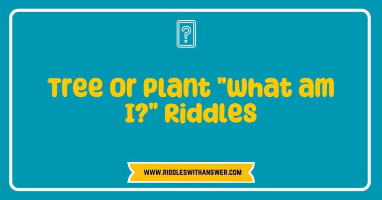 Engaging image of a 'Tree or Plant What am I?' riddle card featuring a vibrant illustration of various trees and plants, accompanied by playful riddles like 'I have leaves but I’m not a book, I grow tall but I’m not a building, what am I?' Perfect for