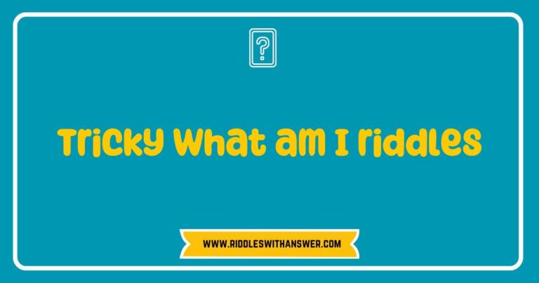 Colorful illustration depicting a variety of tricky 'What am I?' riddles, featuring thought-provoking phrases like 'I speak without a mouth, I hear without ears, I have no body, but I come alive with the wind,' alongside playful graphics of puzzles and question marks, perfect for engaging minds