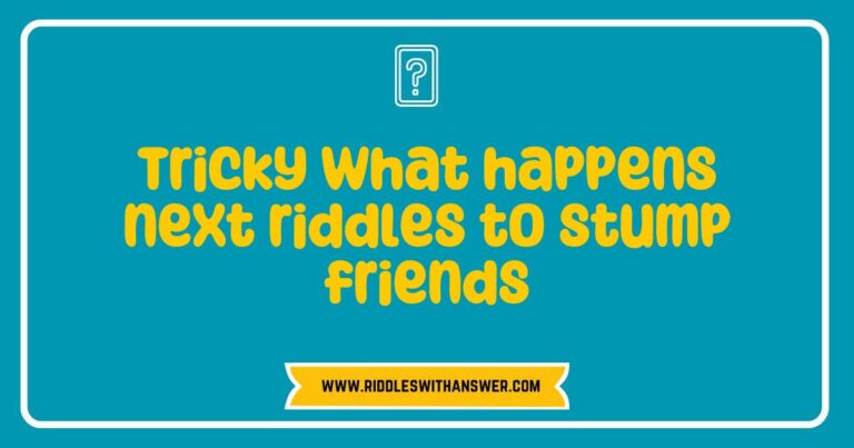 Group of friends laughing while solving tricky riddles together, featuring challenging 'what happens next' riddles designed to stump friends and spark fun conversations. The image showcases a colorful riddle book opened to pages filled with mind-bending puzzles and playful illustrations.
