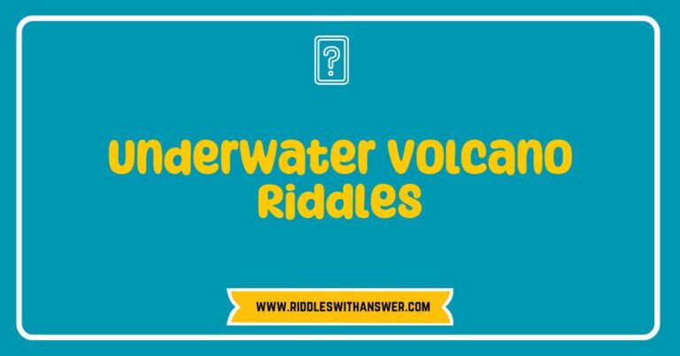 Fascinating underwater volcano riddles illustrated with vibrant marine life, showcasing colorful coral reefs surrounding a submerged volcano, with thought-provoking questions like 'What erupts beneath the waves?' and 'Where does the ocean's heat bubble up?' highlighting the mystery and beauty of underwater geology.