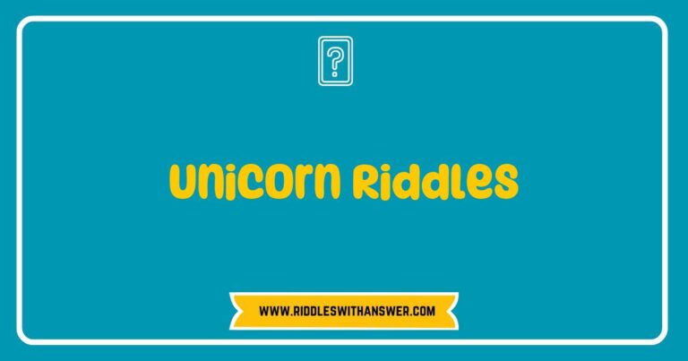Colorful illustration of a unicorn surrounded by whimsical clouds and stars, featuring enchanting unicorn riddles like 'What has a horn but no head?' and 'What magical creature can fly without wings?' This vibrant image captures the essence of unicorn-themed puzzles, perfect for sparking imagination and fun in children and