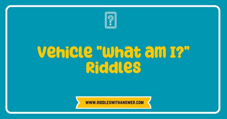 Close-up of a colorful riddle card featuring a 'What am I?' vehicle riddle, showcasing a cartoon car and clues like 'I have four wheels and take you places. What am I?' Perfect for engaging kids and families in fun vehicle-themed riddles and puzzles.