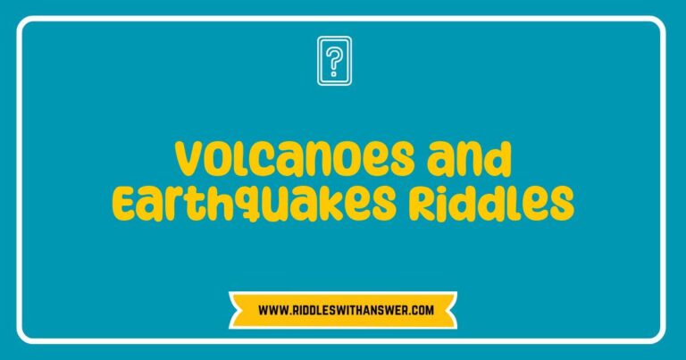 Creative illustration of 'Volcanoes and Earthquakes Riddles', featuring a vibrant volcano erupting with colorful lava and a shaking ground symbolizing seismic activity. The image includes text bubbles showcasing fun riddles about volcanoes and earthquakes, encouraging learning about natural disasters through engaging questions and answers.