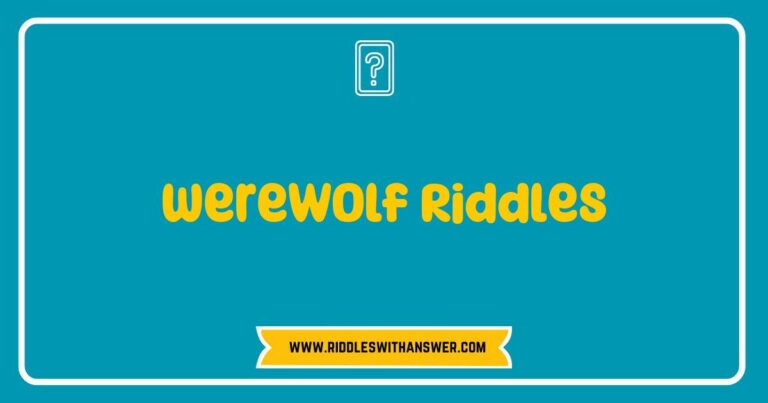 Illustration of a werewolf howling at the moon with a backdrop of a dark forest, accompanied by intriguing werewolf riddles like 'What runs through the woods but never moves?' and 'What creature transforms with the full moon?' This captivating image captures the essence of werewolf lore and the