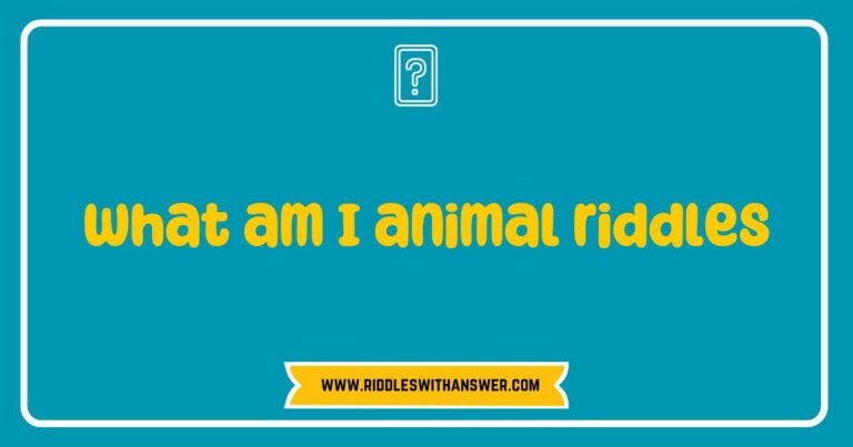 Colorful illustration of a playful scene featuring various animals, accompanied by fun 'What am I?' animal riddles. The image showcases a lion, an elephant, a dolphin, and a parrot, each with a riddle hinting at their unique characteristics. Perfect for engaging kids and families in