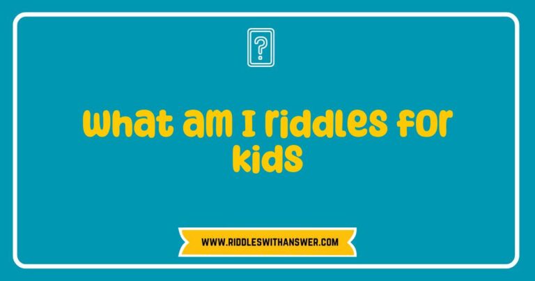 Colorful illustration of children solving fun 'What am I?' riddles, featuring playful characters and engaging imagery. The scene includes kids pondering over riddles like 'I have keys but open no locks, what am I?' and 'I fly without wings, what am I?' Perfect for a children's