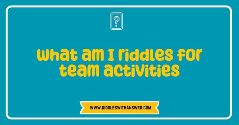 Group of colleagues engaged in a fun team activity, solving 'What am I?' riddles together, showcasing teamwork and collaboration. The image highlights various riddles like 'I have keys but open no locks' and 'I can be cracked, made, told, and played' as part of an